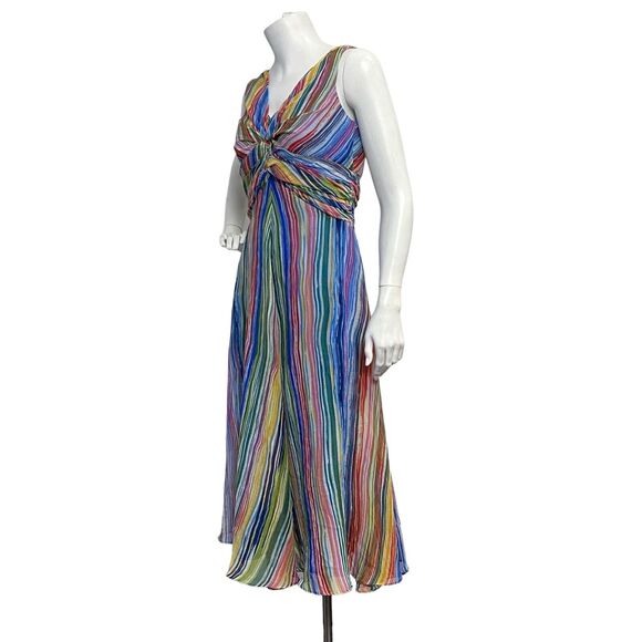 Maggy Boutique Sz 4 Waterfall Stripe Twist Front Midi Flare Dress Summer Rainbow - Picture 4 of 11